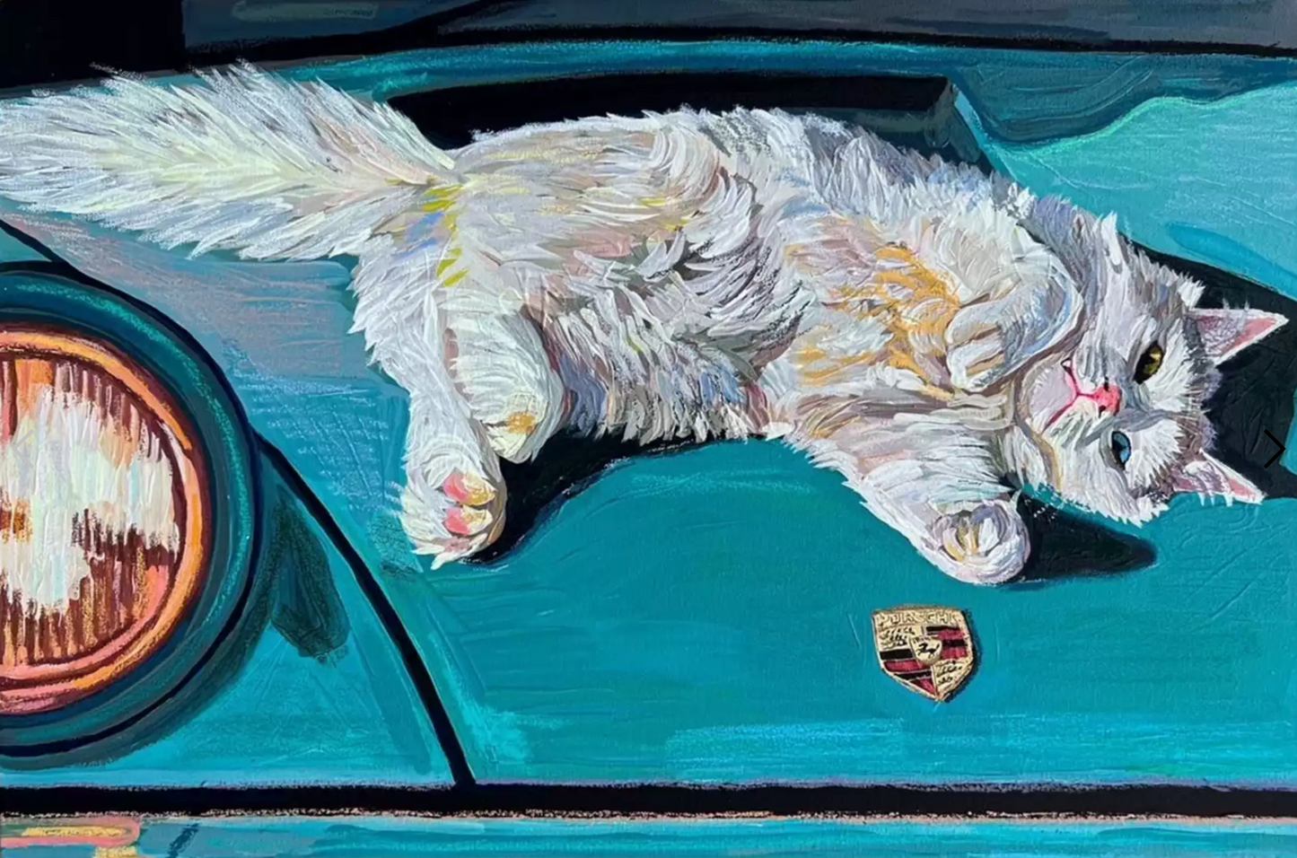 White Cat on a Blue Porsche