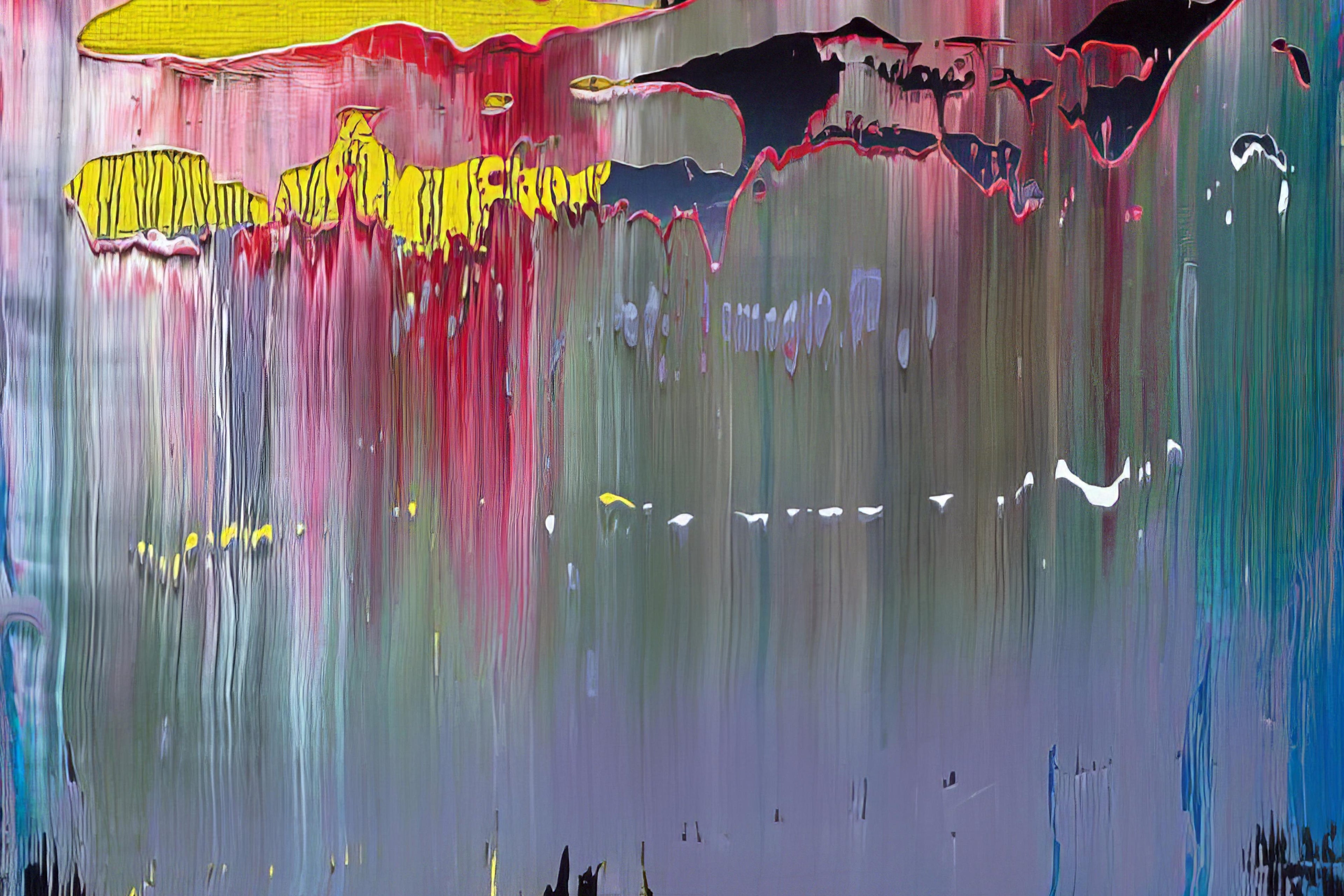 Abstract artwork with colorful brush strokes and text