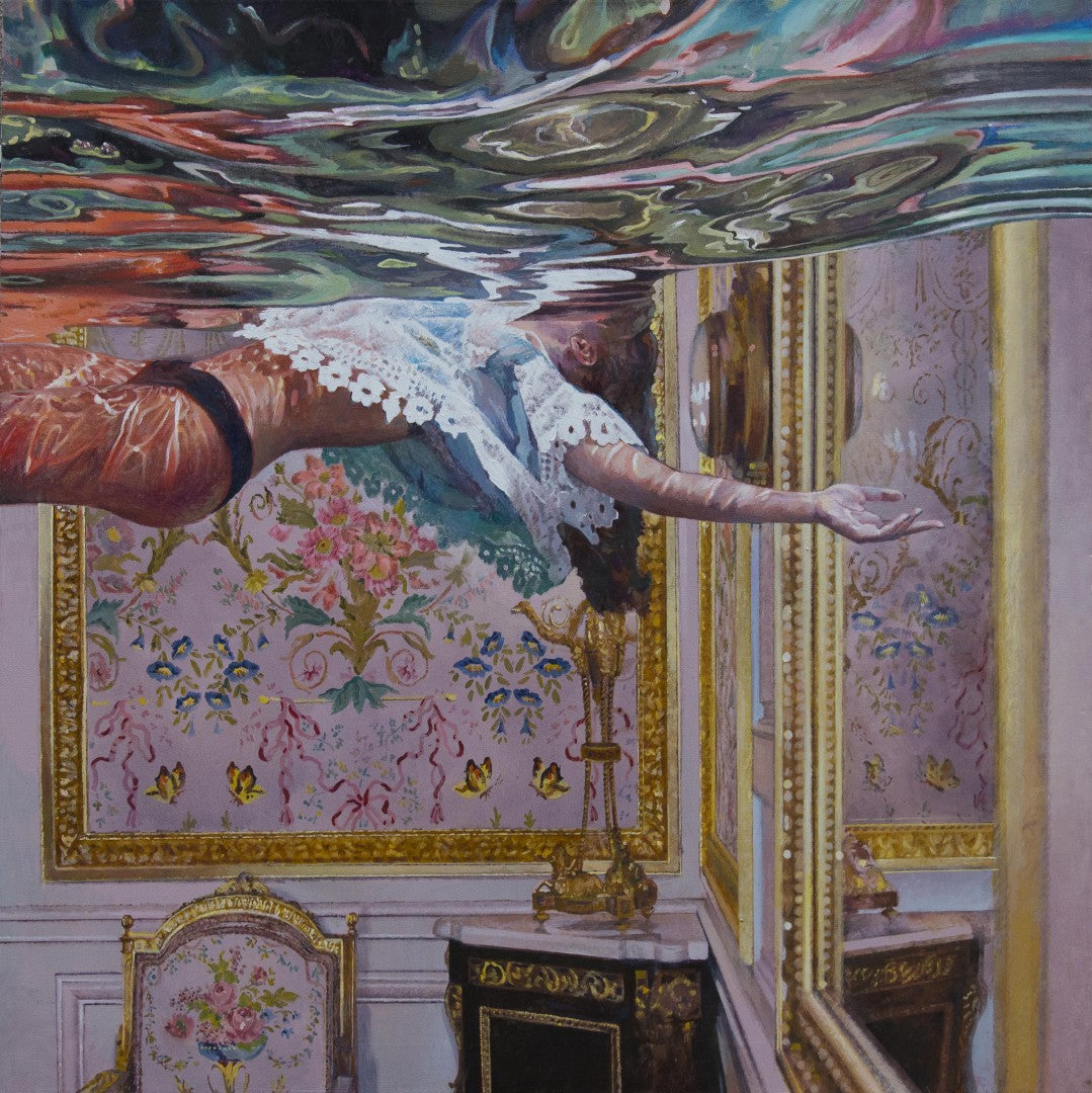 An oil on linen painting depicting a figure swimming underwater in an interior space with ornate walls and furniture.
